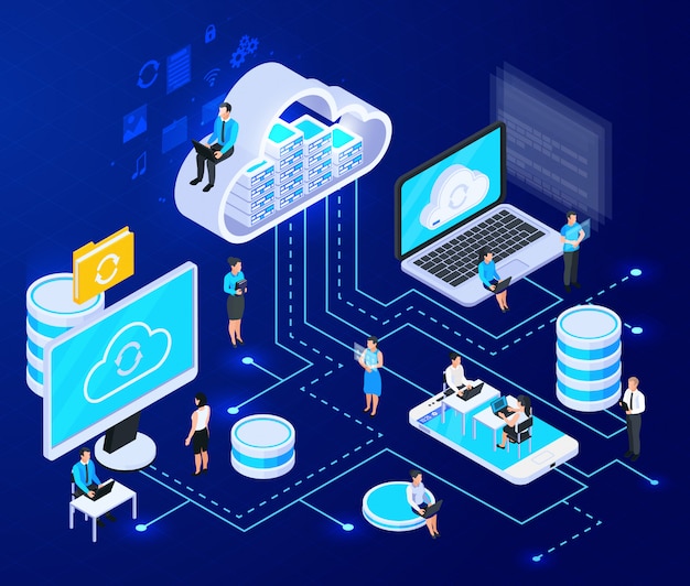 Cloud services isometric composition with big of cloud computing infrastructure elements connected with dashed lines vector illustration Free Vector