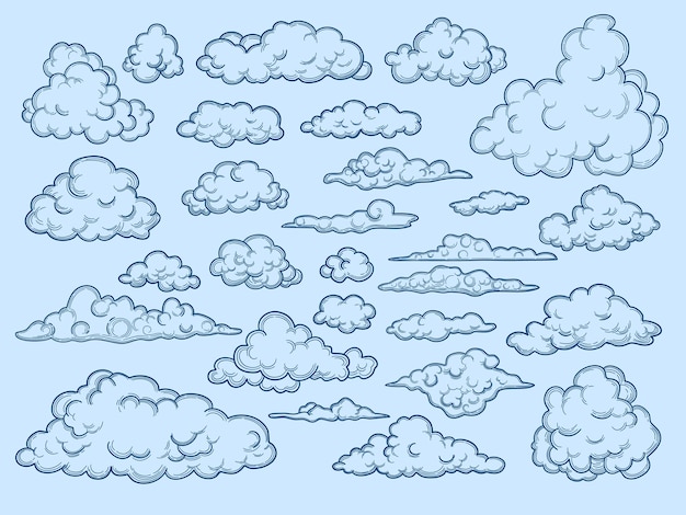 雲のスケッチ 装飾的な空の要素は 雲の雲景のビンテージスタイルの天気です クラウドコレクションデザイン 曇った昔ながらのスケッチイラスト プレミアムベクター