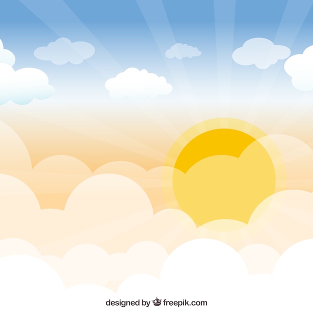 Cloudy sky background with big sun in flat
style