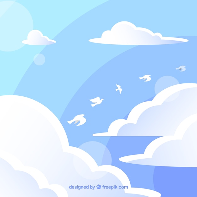 Free Vector | Cloudy sky background with birds flying in flat style