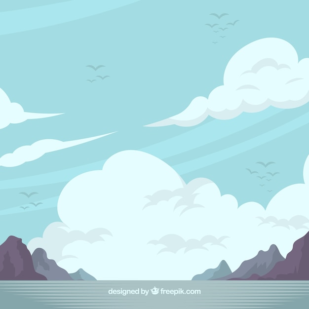 Cloudy sky background with mountains in flat\
style