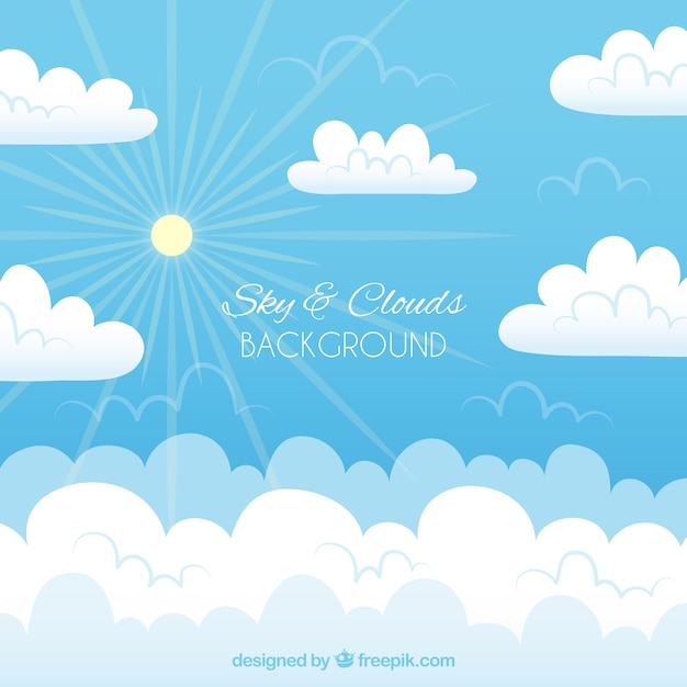 Cloudy sky background with sun in flat
style