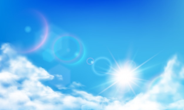 曇り空 昼間の明るい太陽 晴れた日の雲 青空のリアルなイラストでリアルな雲 プレミアムベクター