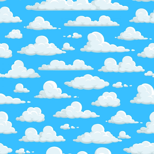 曇り空のシームレスなパターン 雲の背景の壁紙 抽象的な青い空を背景に雲のパターン ふわふわの漫画cloudscape 晴天の自然 イースター天国 子供の装飾 プレミアムベクター