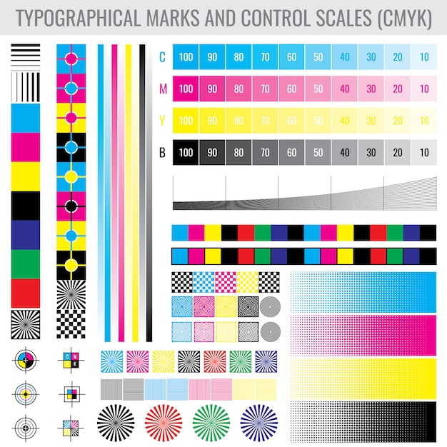 프린터 테스트 세트 용 Cmyk 프레스 인쇄 마크 및 색조 그라데이션 바 프리미엄 벡터
