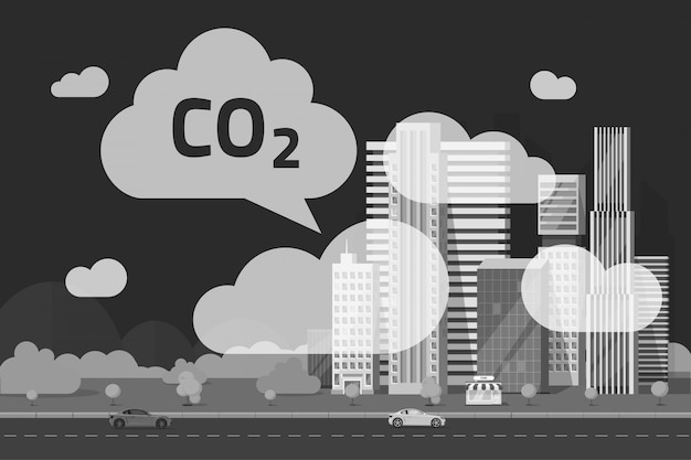 プレミアムベクター フラット漫画スタイルの大都会イラストによるco2排出量