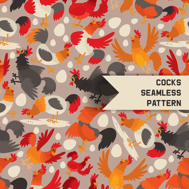 Cocks seamless pattern. cartoon character roosters eating grain, seed with eggs Premium Vector
