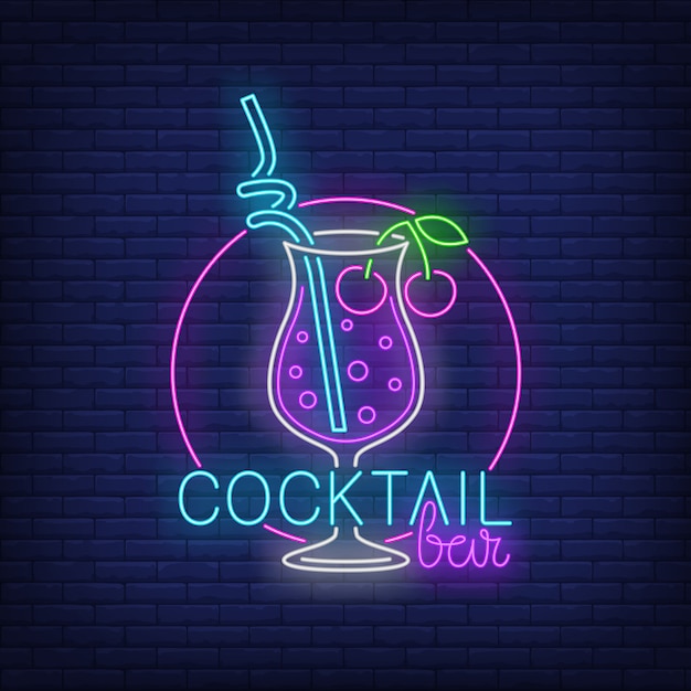 Cocktail bar neon text, drink with straw and cherries Vector | Free ...