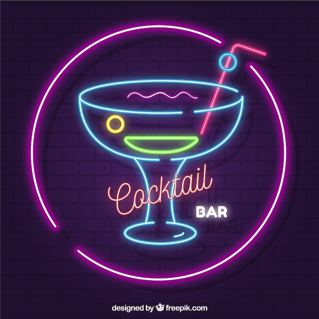 Cocktail bar sign with neon light style | Free Vector