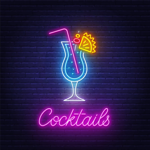 Premium Vector | Cocktail blue hawaiian neon sign on brick wall ...