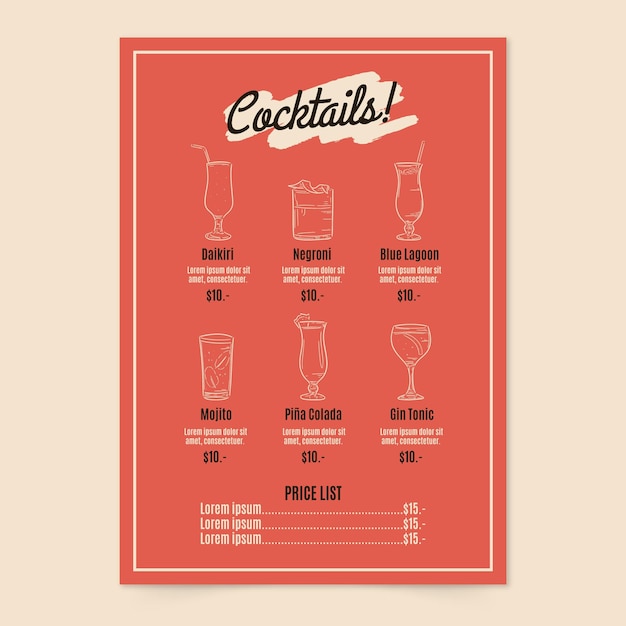 Cocktail menu template | Free Vector