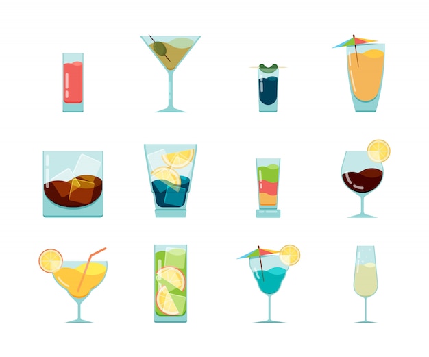 Premium Vector Cocktails Icon Alcoholic Summer Party Drinks In Glasses Cuba Libre Cosmopolitan Vodka Mojito Icon Collection