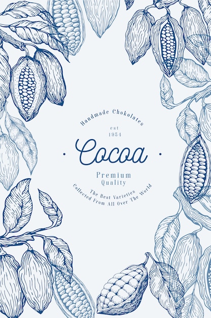 ココア豆の木バナーテンプレート チョコレートカカオ豆 手描きイラスト ビンテージスタイルの図 プレミアムベクター