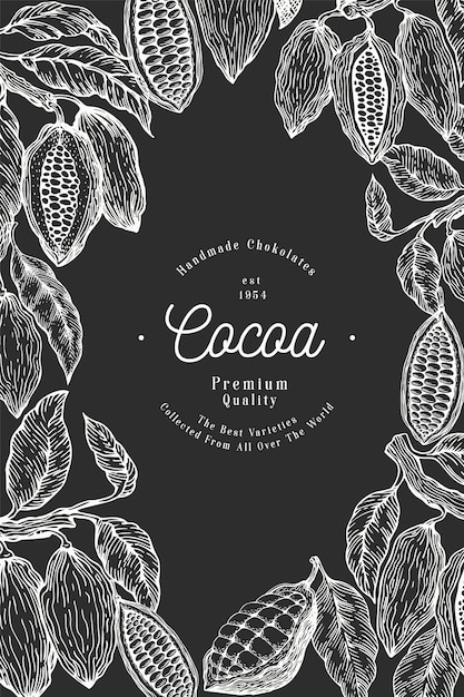 ココア豆の木のテンプレート チョコレートのカカオ豆の背景 チョークボードに描かれたイラストを手します ビンテージスタイルのイラスト プレミアムベクター