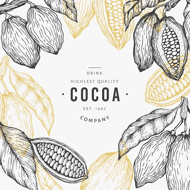 ココア豆の木のテンプレート チョコレートのカカオ豆の背景 手描きイラスト ビンテージスタイルのイラスト プレミアムベクター