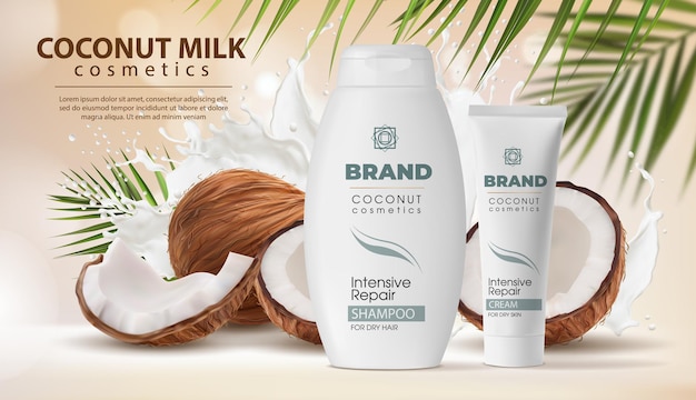  Coconut milk cosmetics promo banner. skin care cream and shampoo bottles vector mockup with coconut