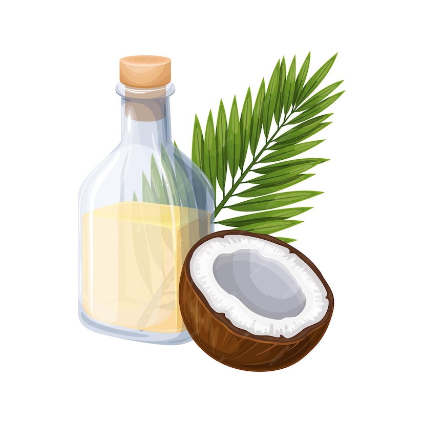 Premium Vector | Coconut with coconut oil in glass bottle