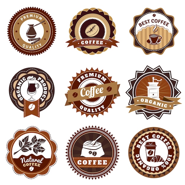 Coffe emblems labels set brown Free Vector