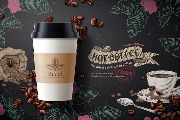 コーヒー豆の要素と3dイラストのラベルとコーヒー広告テイクアウトカップパッケージ プレミアムベクター