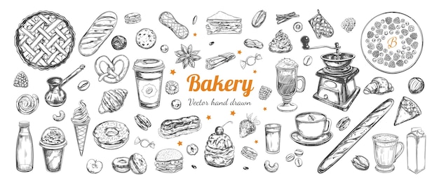 コーヒーとパン屋の手描きの要素ビンテージスケッチイラストとテンプレート プレミアムベクター