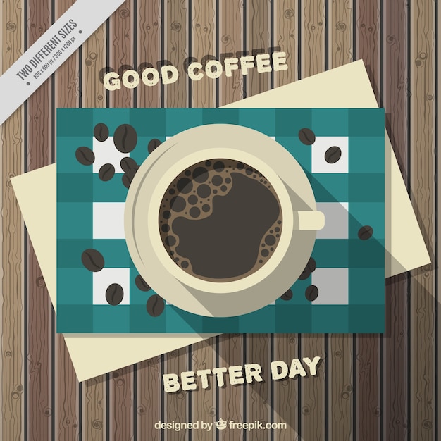 Coffee background with coffee beans on wooden\
table