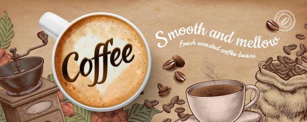 Coffee banner ads with  illustratin latte and woodcut style decorations on kraft paper background Pr