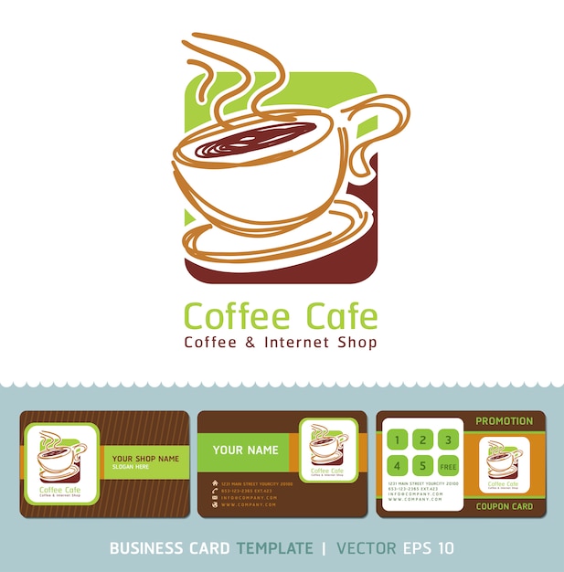 コーヒーカフェアイコンのロゴと名刺 プレミアムベクター