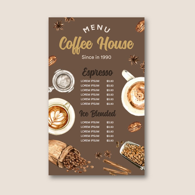 Free Vector Coffee Cafe Menu Americano Cappuccino Espresso Menu With Bag Bean Watercolor Illustration