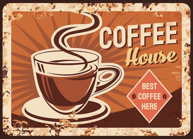コーヒー カフェの金属板またはさびたポスター 古いレストランのレトロな看板 プレミアムベクター