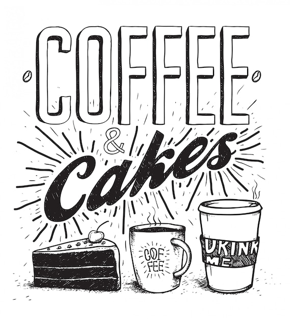 コーヒー ケーキペン手描きのタイポグラフィレタリングやイラストセット ケーキ コーヒー ホットチョコレートのイメージ プレミアムベクター