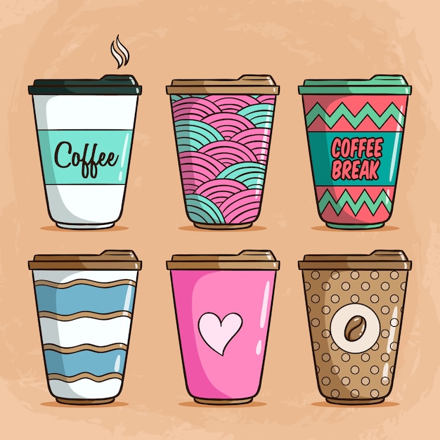 Download Coffee cup collection with colorful cute doodle style on ...