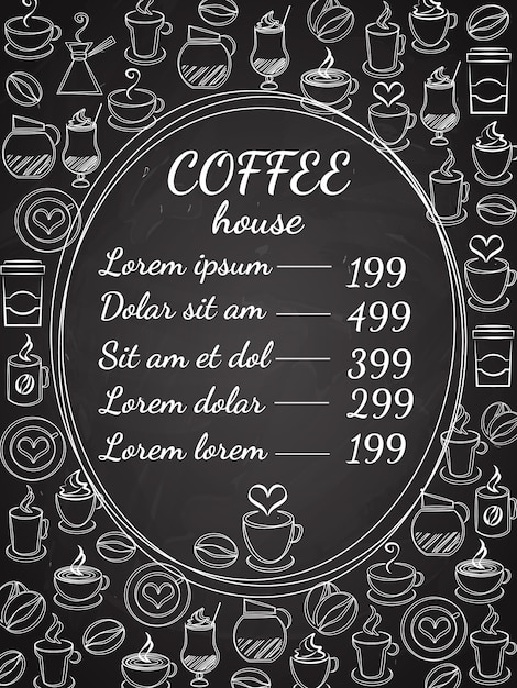 黒の各種コーヒー白ベクトルイラストに囲まれた価格表と中央の楕円形のフレームとコーヒーハウス黒板メニュー 無料のベクター