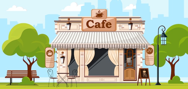 喫茶店 コーヒーショップの店やカフェのファサード 都市通りのイラスト プレミアムベクター