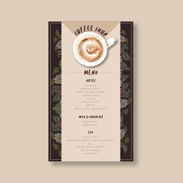 コーヒーハウスメニューアメリカン カプチーノ エスプレッソメニュー インフォグラフィック 水彩イラスト 無料のベクター