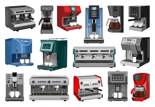コーヒーマシン漫画セットアイコン 分離された漫画セットアイコンメーカーエスプレッソ 白い背景の上のイラストのコーヒーマシン プレミアムベクター