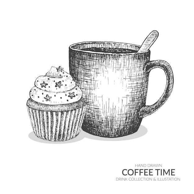 コーヒーマグとカップケーキ コーヒータイムイラストのセット プレミアムベクター