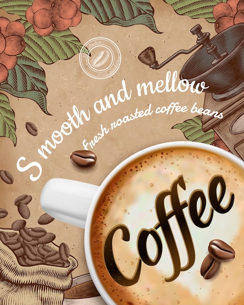 Coffee poster ads with  illustratin latte and woodcut style decorations on kraft paper background Pr