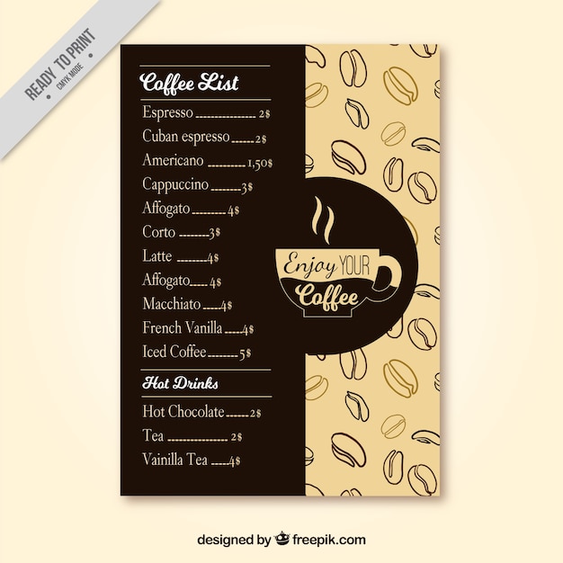 Coffee retro menu with drawings of coffee
beans