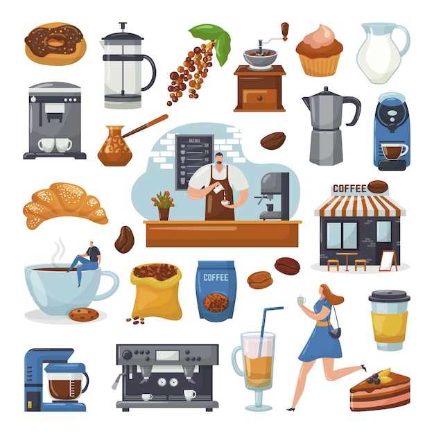 コーヒーショップアイコンとコーヒーメーカーマシン コーヒーメーカー バリスタ カフェのマグカップ要素のイラストのセット ペストリー コーヒー 豆 カプチーノまたはラテのカップ モカ コーヒーミル プレミアムベクター