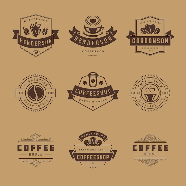 コーヒーショップのロゴのデザインテンプレートは カフェのバッジのデザインとメニューの装飾のイラストを設定します プレミアムベクター