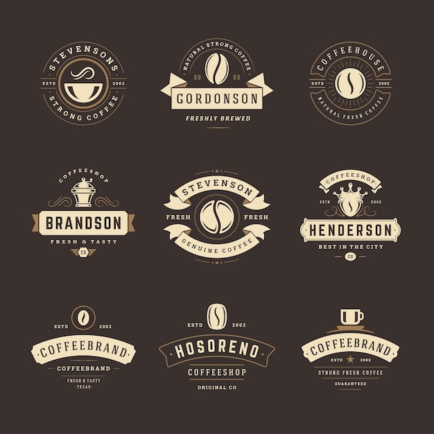 コーヒーショップのロゴのデザインテンプレートは カフェのバッジのデザインとメニューの装飾のイラストを設定します プレミアムベクター