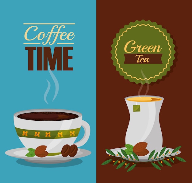 Coffee and tea time cups and leaves design Vector ...