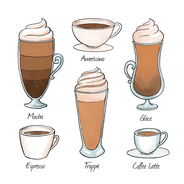 Download Free Vector | Coffee types in fancy cups