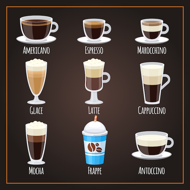 Coffee types flat collection americano and latte | Premium Vector