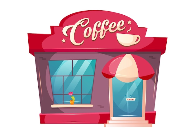 コーヒーショップの漫画イラスト カフェビル正面フラットカラーオブジェクト 飲食店のキオスクの外観 ドアの上に天蓋付きのビストロ 窓付きのパン屋 白い背景で隔離のカフェテリアの入り口 プレミアムベクター