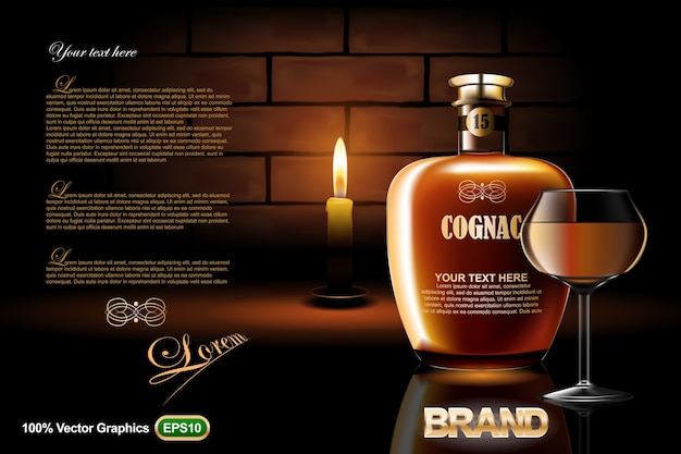 Download Premium Vector Cognac Bottle Ads Template Mock Up With Glass Candle And On Dark Brick Wall Background