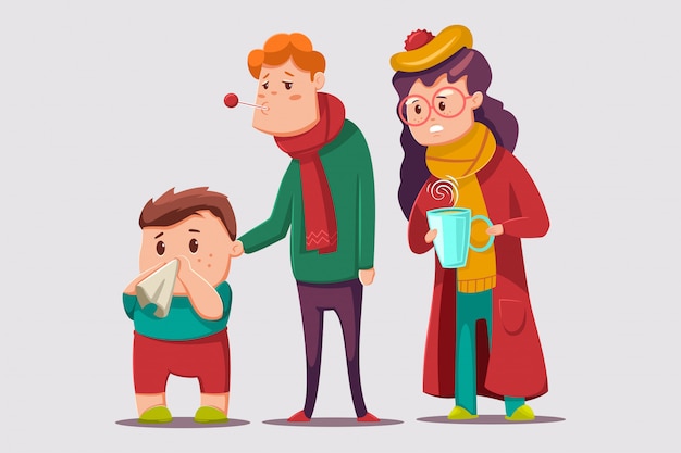風邪やインフルエンザの漫画イラスト 病気の家族のキャラクター プレミアムベクター
