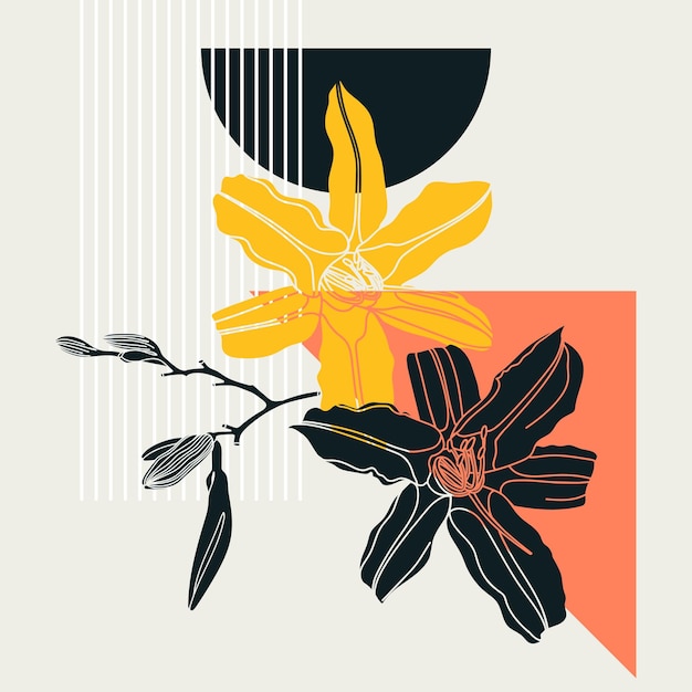 コラージュ風のユリのデザイン 花と幾何学的な要素を持つトレンディな抽象的なイラスト プレミアムベクター