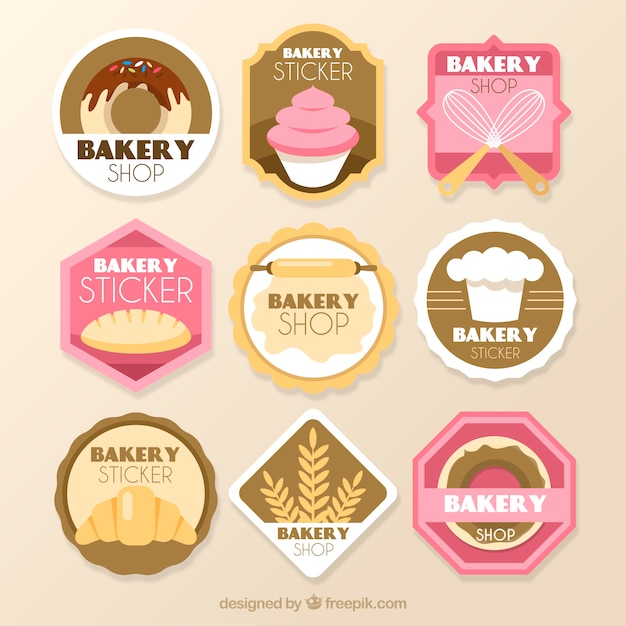 Collection of bakery stickers in flat style | Free Vector