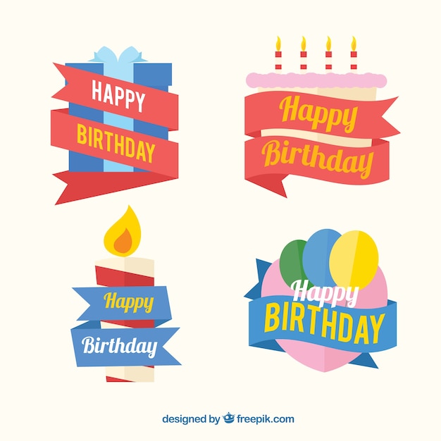 Free Vector | Collection of birthday labels with decorative ribbons